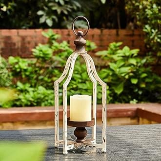 Glitzhome 16.5" H Farmhouse White Metal Lanterns Decorative Hanging Candle Lanterns Small, White