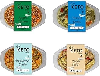 Keto Chef Instant Curry Noodle Meals - Spaghetti Bolognese, Thai Red Noodles, Bangkok Green Noodles, Teriyaki Chick'n - Konjac Vegan Meal | High in Protein, Pack of 4 (370g)