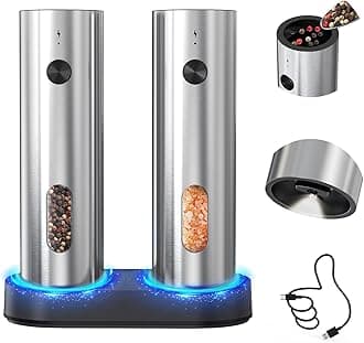 CIRCLE JOY Rechargeable Electric Salt and Pepper Grinder Set Automatic Stainless Steel Pepper Mill Grinders with Charging Base, Adjustable Coarseness, 110ml Container and Bright LED Light, Silver