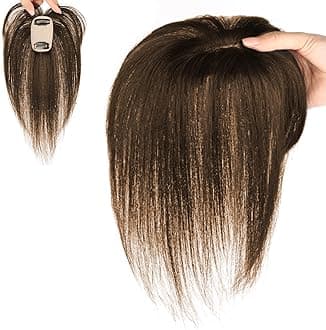 Fake Bangs,Hair Topper Real Human Hair 9.8 Inch Long Human Hair Toppers for Thin Hair Women Silk Base Clip In Hair Extensions Natural Looking for Daily Use,Brown