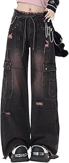 Women's Cargo Pants Low Waist Baggy Jeans Pocket Wide Leg Casual Trendy Streetwear Grunge Emo Clothes