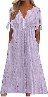 Elegant Summer Dresses for Women 2024 Trendy Tie Short Sleeve Button Down v Neck Eyelet Maxi Long Tshirt Dress