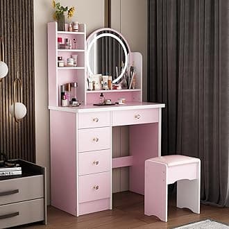 ECACAD Vanity Desk Set with LED Lighted Round Mirror, Makeup Dressing Table with 5 Drawers, Storage Shelves & Cushioned Stool for Bedroom, Pink