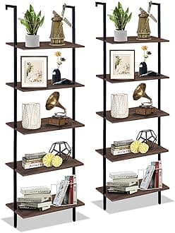 5 Tiers Ladder Shelf 2-Piece Black Modern Tall Bookshelf Open Large Tall Wall Mount Storage Bookcase Standing Leaning Wall Shelves Industrial Decorative (Brown)