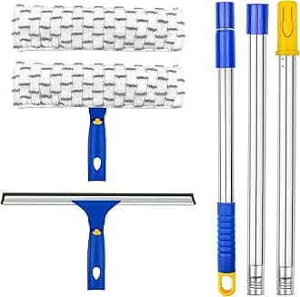 Squeegee for Window Cleaning,12" Squeegee and 11" Microfiber Scrubber Combi with Stainless Steel Pole,Extendable Window Cleaner for Car,Sliding Door,Shower Glass Door-Swivel Style-2 Pads