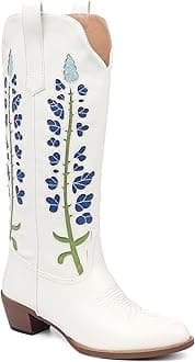 Cowboy Boots For Women, Cute Bluebonnet Floral Embroidered Fashion Country Boots Pointed Toe Chunky Heel Wide Calf Fancy Blue Cowboy Boots For Women Cowgirl Boots