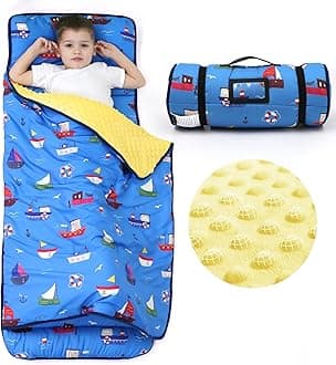 ACRABROS Toddler Nap Mat with Pillow and Blanket, Extra Large Rolled Napping Mats,Slumber Bags for Boys Girls,Kids Sleeping Bag for Daycare, Preschool Travel Camping,Life Boat