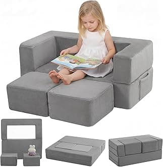 Kids Play Couch Sofa – Grey Modular Convertible Foam Couch Soft Fold-Out Toddler Seating for Creative Play, Reading, Resting & Playroom Fun