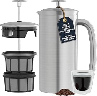 P7 Brushed Stainless Steel French Press 304 – Patented Double Walled Micro-Filter Insulated French Press Coffee Maker, Grit-Free Brew - Heat Resistant BPA Free (32oz)