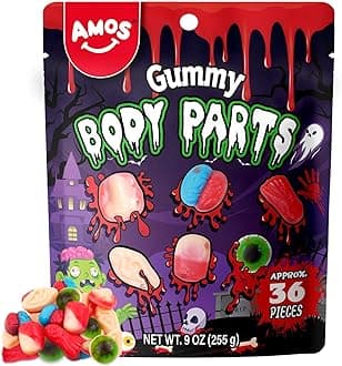 Amos Halloween Gummy Body Parts, Spooky Candy for Trick-or-Treat, Halloween Snacks, and Edible Decorations – Approx. 36 Individually Wrapped Pieces, 9oz Bag