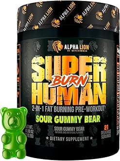 ALPHA LION Superhuman Burn, 2 in 1 Metabolism Booster Pre Workout and Men's Thermogenic Fat Burner, Sour Gummy Bear (Hulk Juice), Package Varies