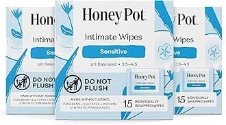 The Honey Pot Company - Feminine Wipes - Individually Wrapped - Daily PH Balancing, Fragrance & Sulfate Free Wipes for Intimate Parts, Body, or Face - Hygiene Products - Sensitive - 15 Ct (Pack 3)