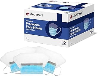 Dealmed Face Masks with Ear Loops and Eye Shield - Disposable Adult Face Masks for Hospitals, Medical Facilities, Food Services and More, 50 Count (Pack of 1)