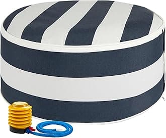 Inflatable Outdoor Ottoman with Air Pump,20"x9" Portable Patio Pouf,Water Resistant,Fade-Resistant,Round Blow Up Footrest Stools for Home Garden Camping Travel(Blue White)