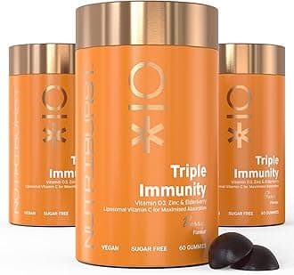 Triple Immunity Multipack - Liposomal Vitamin C (100mg), D3 (20µg), Zinc (7.5mg) + Elderberry Extract - Immune & Wellbeing Support - Vegan & Sugar Free - 180 Berry Gummies - 3 Mon Supply
