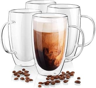 Bivvclaz Double Wall Glass Coffee Mugs Set of 4, 16 oz Insulated Layer Coffee Cups with Handle, Clear Borosilicate Glass Mugs, Perfect for Cappuccino, Tea, Latte, Hot Beverage, Wine, Microwave Safe
