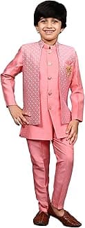 AHHAAAAKids Indian Ethnic Silk Blend Waistcoat Kurta Pyjama Set Traditional Bollywood Style Wedding Sherwani for Boys