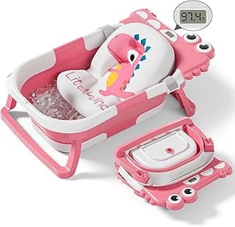 Collapsible Baby Bathtub for Newborn, Foldable Baby Bath Tub with Thermometer & Soft Floating Cushion & Drain Hole, Portable Travel Infant Bath Tubs for Newborns to Toddler 0-36 Months Girl, Pink
