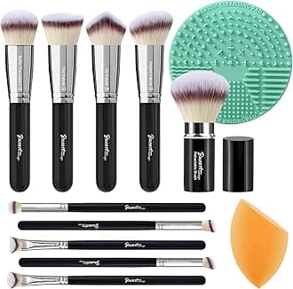 Bueart Design Essential Makeup Brushes set With Travel Retractable Powder Brush vegan Hair for Foundation concealer eyeshadow face Contour Brush (10Pcs Pearl Black)