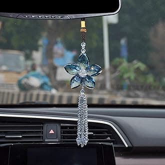 ATMOMO Crystal Flower Car Rear View Mirror Pendant Car Hanging Ornament Lucky Car Charm with Dangle Beads, Blue