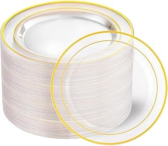 I00000 60PCS Clear Gold Dessert Plates, Clear Plastic Plates with Gold Rim 7 Inch, Fancy Disposable Wedding Plate Heavy Duty for Birthday, Wedding & Party