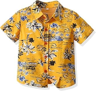 LittleSpring Little Toddler Boys Button Down Shirts Short Sleeve Cartoon Shirts Summer Casual