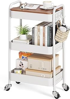 TOOLF 3-Tier Rolling Cart with Table Top, Metal Storage Cart on Wheels, Utility Organizer with Wooden Tray, Lockable Casters, Easy Assembly for Bathroom, Living Room, Office, Kitchen, White
