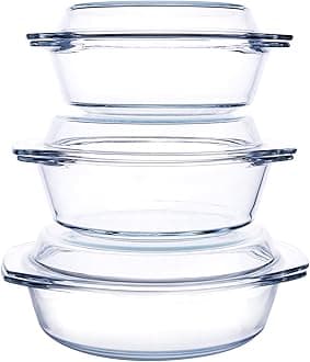 Set of 6 Pieces Round Tempered Glass Casserole Dish with Lids, Glass Casserole Baking Dish Set for Oven, Freezer and Dishwasher Safe