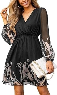 Women's Mini Dresses Casual Spring V Neck Chiffon Long Peasant Sleeves Flowy Spring Dress