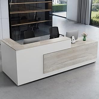Modern L-Shaped Reception Desk with Hutch, Reception Counter Table, Lockable Drawer Door Cabinet, Office Wooden Computer Front Desk (Oak+Warm White-Left Cabinet, 102L*24" W*41" H)