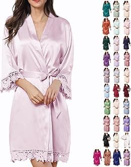 Womens Silk Robe Satin Robe Silky Kimono Lace Bathrobe Wedding Dressing Gown For Bridal Bride Bridesmaid Robes