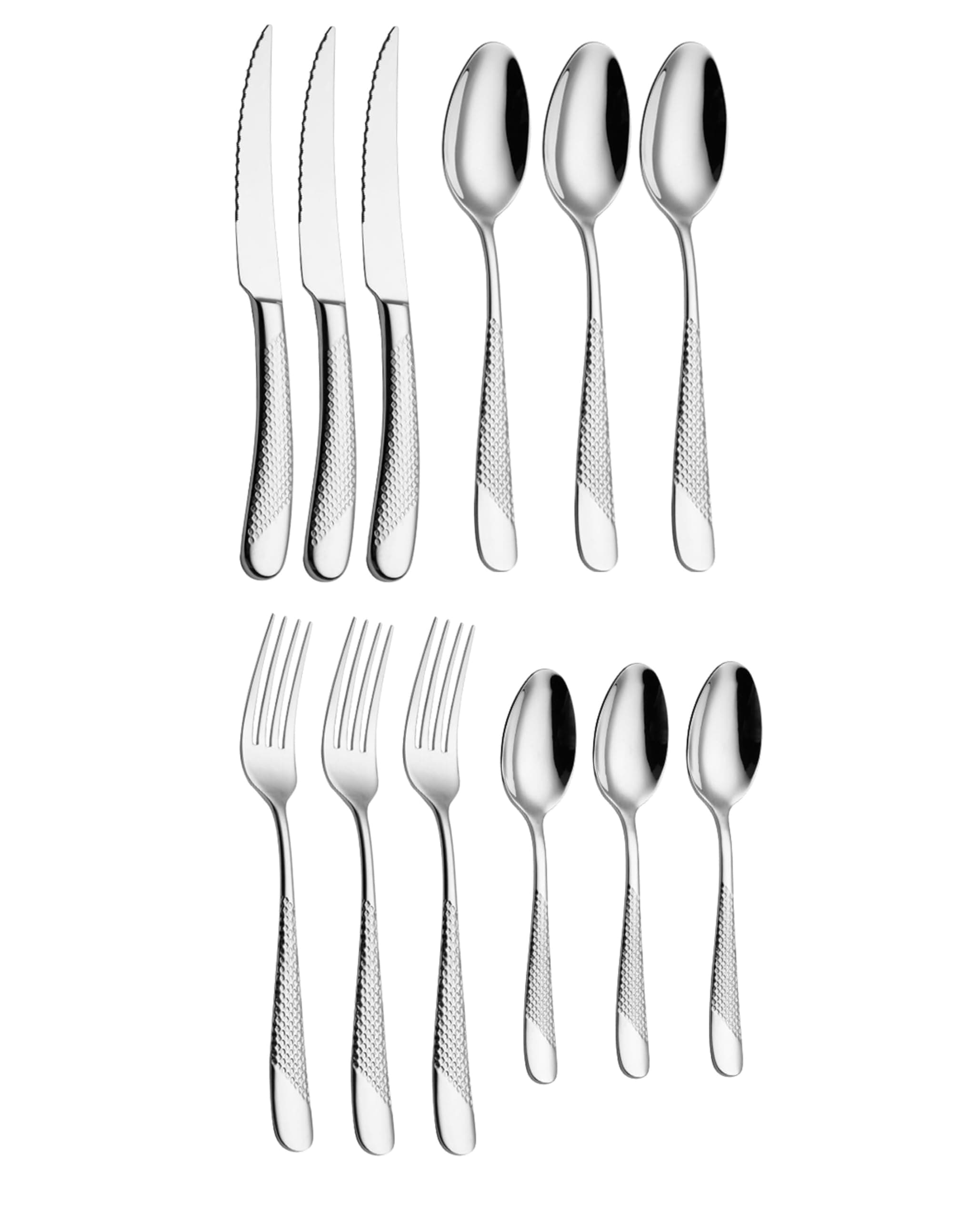 Mirror Finish Silver Plated Stainless Steel Flatware Set Copper Silverware Set Rose Gold Spoon Color Cutlery Set [Dinner Fork-Tea Spoon-Salad Spoon-Knife] Set of (Silver DOT, 12)