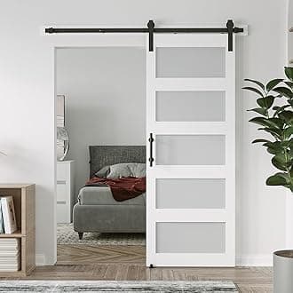 30in x 96in Glass Barn Door with 5ft Barn Door Hardware Kit & Handle, Pre-Drilled Holes Easy Assembly -Solid Barn Door Slab Covered with Water-Proof PVC Surface, White, 5 Panel