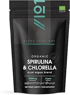 Organic Spirulina & Chlorella 2000mg - 300 Tablets - Broken Cell Wall - Cold Pressed Pure Supplement with No Additives (75 Day Supply) by Alpha01