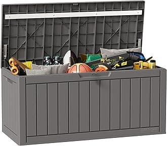 EAST OAK 90 Gallon Deck Box, Outdoor Storage Box with Padlock, Waterproof and UV Resistant Storage Box for Patio Furniture, Patio Cushions, Gardening Tools, Pool Supplies, Grey