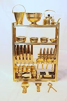 Handcrafted Brass Miniature Kitchen Set/Bhatukali/Toy Set/Home Decor/choppu Jaman/Real Cooking Kit for Play with Brass Stand (Gold 4)