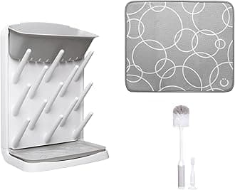 Ubbi Vertical Bottle Drying Rack, Bottle Brush & Microfiber Drying Mat Bundle, Newborn Baby Essentials, Baby Registry Must Haves, New Parent Gifts, Gray