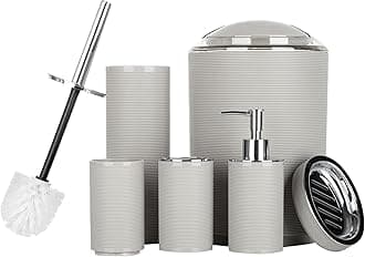 Fun Memories Bathroom Accessories Set 6 Piece Bath Ensemble Includes Toothbrush Holder, Soap Dispenser for Decorative Countertop and Housewarming Gift, Beige