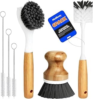 Holikme 6 Pack Dish Brush Scouring Pad Set with Bottle Brush, Dish Brush, Palm Scrub Brush and Straw Brush, Dish Scrubber Long Handle for Dish Bottle Cup Skillet Wok Pot Pan Cast Iron, Dark Gray