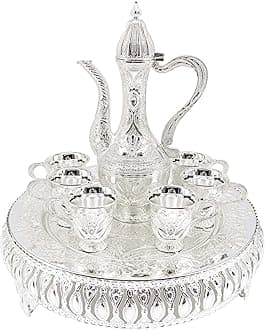 Turkish Coffee Cup and Tea Pot Set Including Teapot,Tea Tray,6 Metal Cups,Tea Service Set for Tea Table Decor,Hip Flask(Silver)