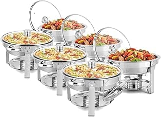 ROVSUN 5 Qt 6 Pack Chafing Dishes for Buffet, NSF Stainless Steel Round Chafers for Catering, Buffet Servers and Warmers Set with Glass Lid & Lid Holder, Stackable Design for Wedding Party Event