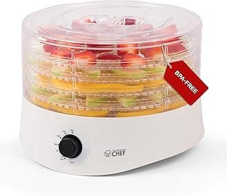 Commercial Chef Food Dehydrator, Five 9.25” BPA-Free Plastic Trays, Dehydrates and Dries Meat, Fruit, Veggies and Jerky, 280W Dehydration Machine, Adjustable Thermostat, CCD100W6, White