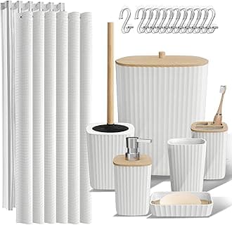 Clara Clark Bathroom Accessories Set - Bathroom Set, 20PC Bathroom Accessory Set, White Shower Curtain Set, Toilet Brush, Trash Can & Soap Dispenser