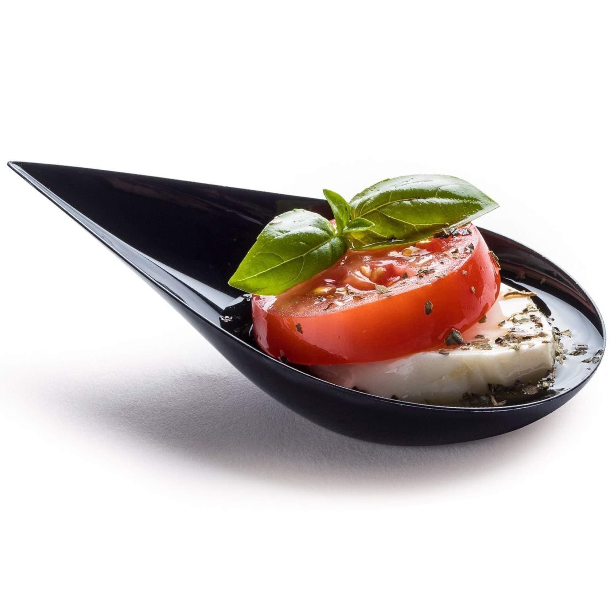 100 4-in Tear Drop Mini Appetizer Plates, Reusable Black Plastic Spoons - Desserts and Appetizers Dishes Serving Plate - Asian Spoon Set, Small Catering Dessert Tasting Cups - with Recipe Ebook