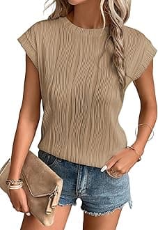 EVALESS Womens Short Sleeve Textured Tops Summer Casual Crewneck Solid Slim Fitted Basic T Shirts Tee Blouses