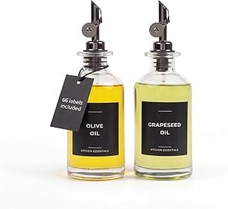 Spaceneat Oil Dispenser for Kitchen - Glass Olive Oil Bottle Set of 2 (11.8oz) with Black Weighted Self-Closing Pourer - Cooking Oil Dispenser with 66 Labels, Aligner & Funnel