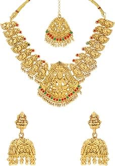 Jewellery Set for Women Gold Plated Traditional Temple Jewelry Set Antique Necklace Set with Earrings and Maangtikka for Women and Girls