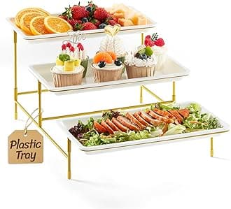 Lifewit 3 Tier Serving Tray, 12 x 6.5" Plastic Platters for Parties, White Reusable Trays with Gold Metal Display Stand for Afternoon Tea, Buffets, Cake, Snack, Veggie, Fruit, Cookies, Dessert