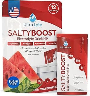 Electrolytes Drink Mix - Sugar-Free Salty Watermelon Powder - 12 Sachets with High Sodium, Trace Minerals, and Coconut Water - Hydration for Fitness, Endurance, and Wellness