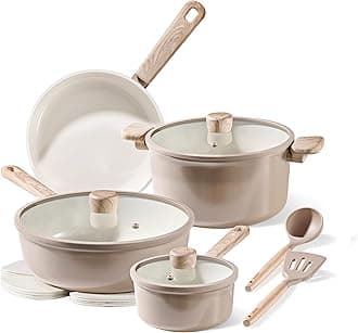 CAROTE 12Pcs Ceramic Pots and Pans Set Non Stick, Healthy Cookware Set, PFAS/PFOA Free, Kitchen Cooking Set with Frying Pans, Taupe